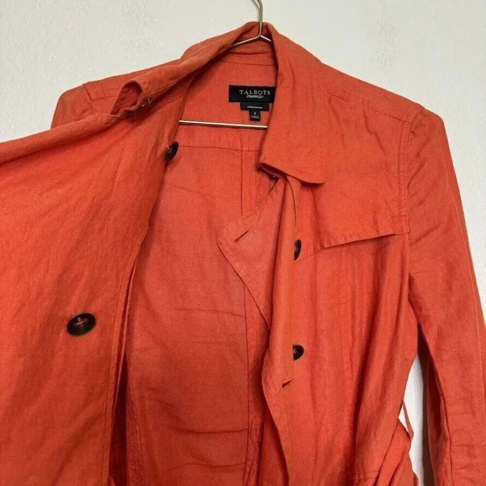 Talbots Orange Irish Linen Trench Coat Button Belted Summer Spring Jacket Sz 4P